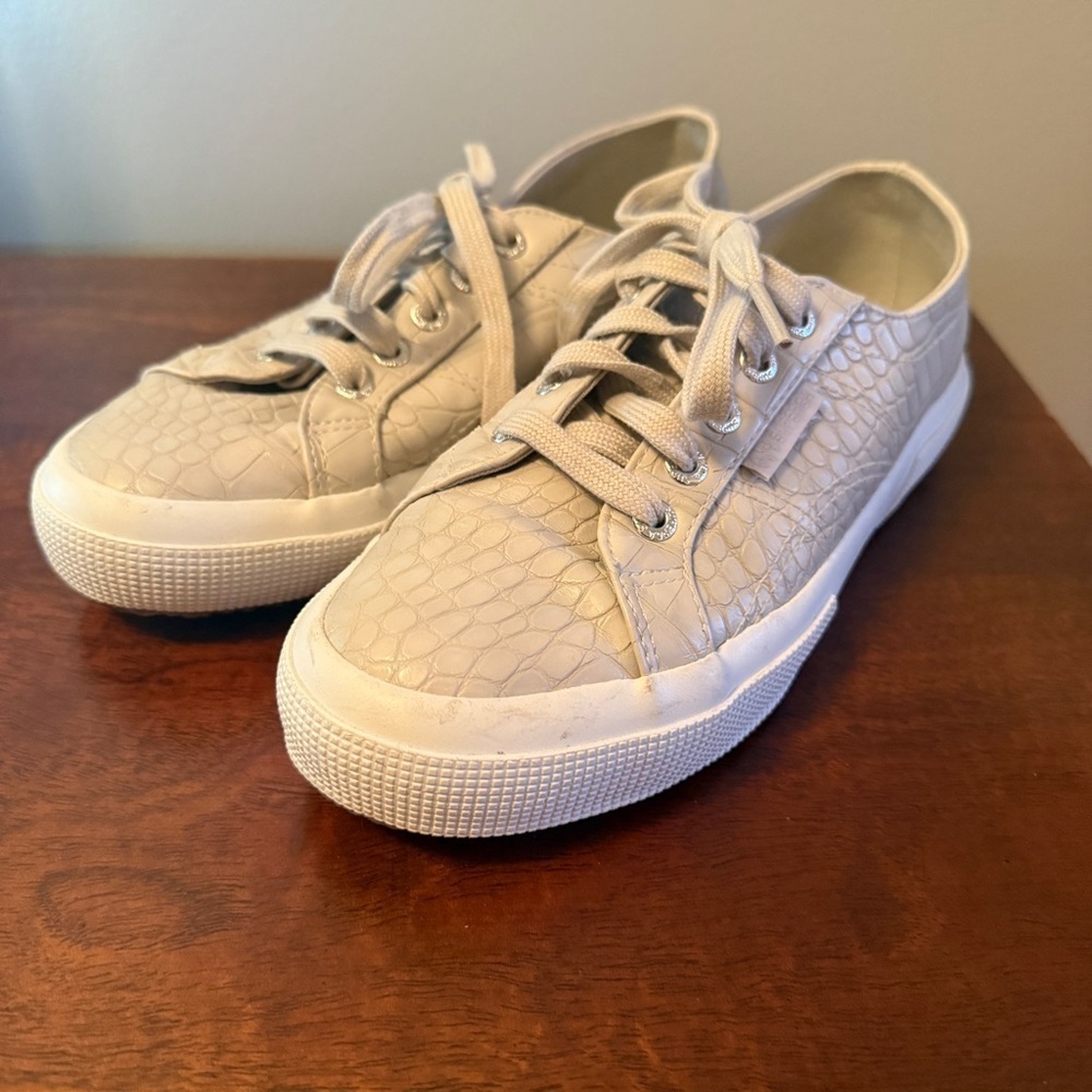 Superga Crocodile-Embossed Sneakers – Beige – Size 7